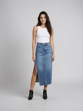 MOTHER Superior Split Second Denim Midi Skirt Strike a Pose Side Split Size 30